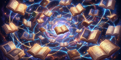 Open ancient books floating in space with glowing energy lines connecting them