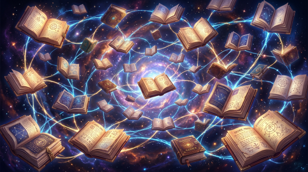 Open ancient books floating in space with glowing energy lines connecting them