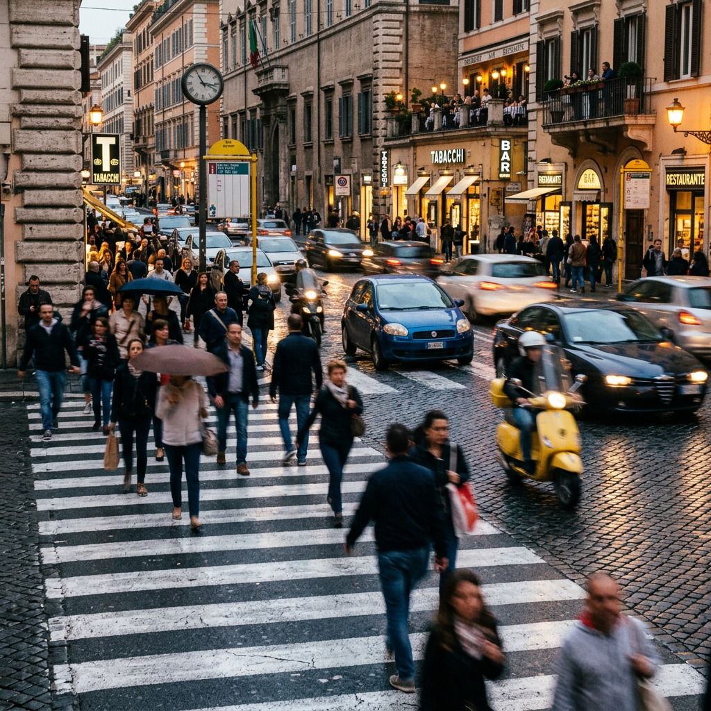 Pedestrians crossing busy city street with cars and scooter on wet cobblestone road