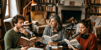 Three people reading books aloud into microphones for a podcast recording