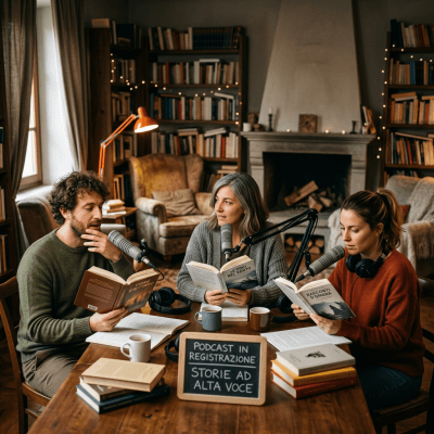 Three people reading books aloud into microphones for a podcast recording