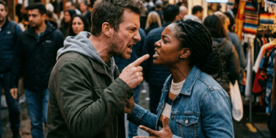 Man and woman facing each other angrily, arguing in outdoor market