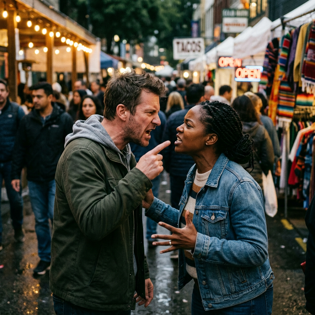 Man and woman facing each other angrily, arguing in outdoor market