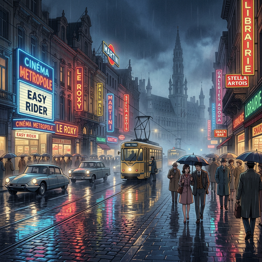 Rainy city street with people holding umbrellas, vintage cars, yellow trams, and neon-lit shop signs