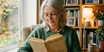 Elderly woman reading a book titled 'Journeys' by E.A. Davies in a comfortable chair near a window