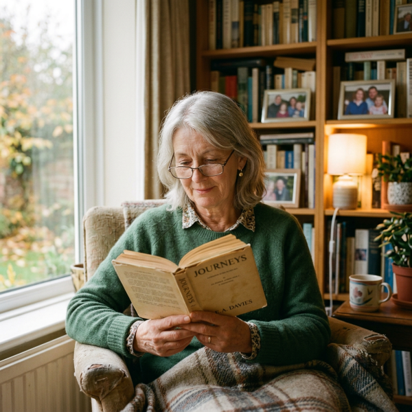 Elderly woman reading a book titled 'Journeys' by E.A. Davies in a comfortable chair near a window