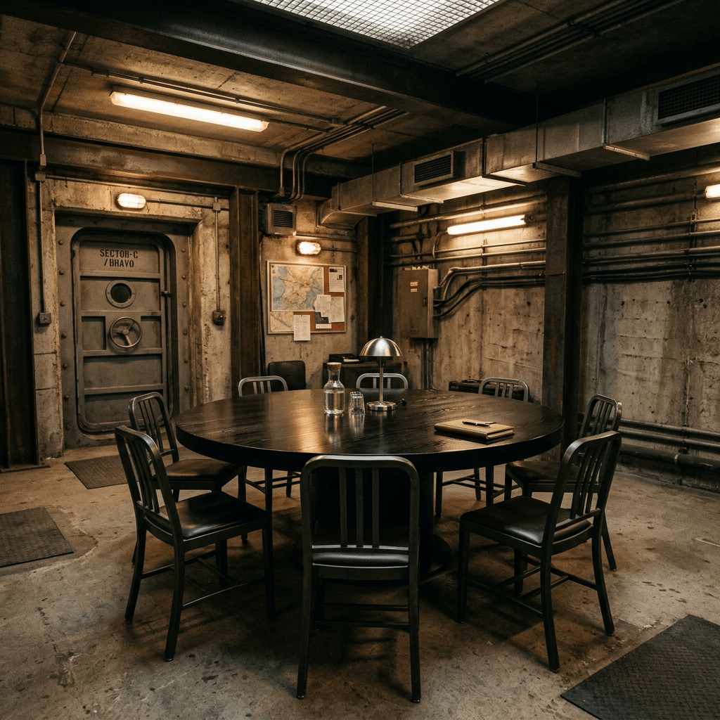 Round wooden table with chairs in a concrete underground bunker with map and metal door