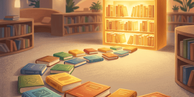 Colorful books scattered across a cozy library floor before a glowing bookshelf