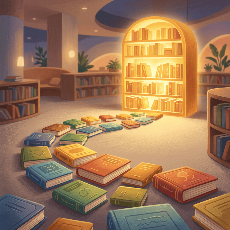 Colorful books scattered across a cozy library floor before a glowing bookshelf