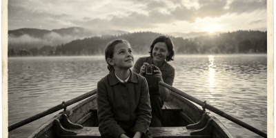Two people in a rowboat on a misty lake at sunset