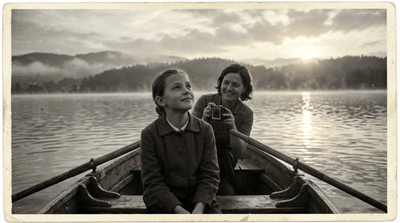Two people in a rowboat on a misty lake at sunset