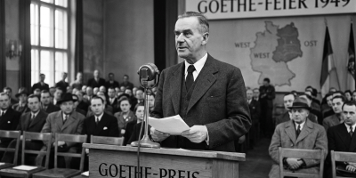 Man speaking at Goethe-Preis podium beneath “GOETHE-FEIER 1949” sign, with West and Ost map