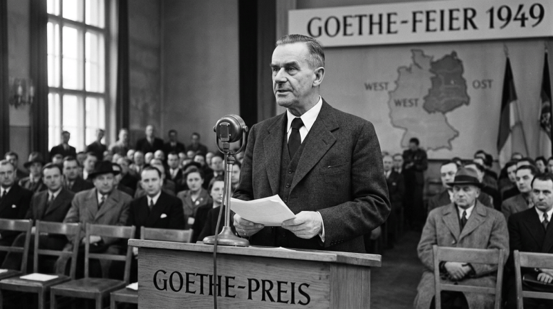 Man speaking at Goethe-Preis podium beneath “GOETHE-FEIER 1949” sign, with West and Ost map